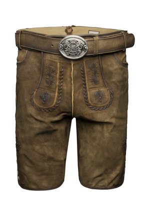 Shorts en cuir marron avec broderies décoratives, présentant un design tressé, une boucle en métal et des poches traditionnelles. Surface texturée et détails de couture.