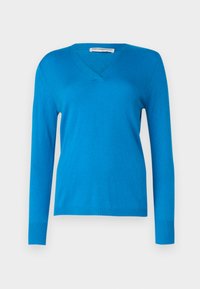 Pulover albastru cu guler în V, fabricat dintr-un material moale, cu mâneci lungi și manșete cu nervuri, având un design curat și o textură netedă.