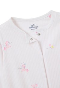 Body de bebé de algodón en blanco con rayas rosas. Presenta patrones de unicornio y estrellas, con cierre a presión. Talla 12-18 meses.