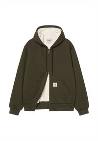 Felpa con zip verde oliva con interno bianco, tasche frontali, polsini a coste e una piccola patch con logo sulla tasca sinistra.