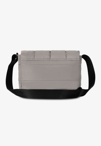 Gray padded messenger bag with a flat rectangular shape and a black adjustable strap. Features stitched horizontal lines on the surface.
