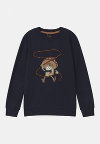 Marinblå sweatshirt med en tecknad taco-karaktär med sombrero, som håller i ett rep. Mjuk tyg med ribbade muddar och halsringning.