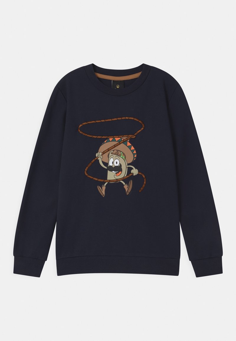 Marinblå sweatshirt med en tecknad taco-karaktär med sombrero, som håller i ett rep. Mjuk tyg med ribbade muddar och halsringning.
