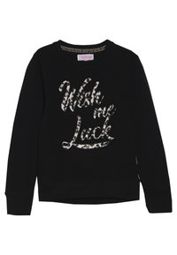 Černá mikina s leopardím potiskem a nápisem "Přej mi štěstí" v metalické nitě, kulatý výstřih a žebrované manžety a lem. Měkký bavlněný materiál.