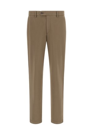 Khakihosen aus glattem Stoff, mit geradem Bein, normaler Taille mit Knopfverschluss und minimalen Nähdetails.