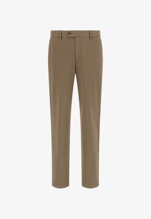 Kakhi hlače iz gladkega blaga, z naravnim krojem, standardnim pasom s gumbom in minimalnimi šivi.