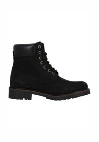 Botas de tobillo de ante negro con un collar de cuero suave, puntera redonda, ojales de metal y una suela de goma resistente con un borde marrón.