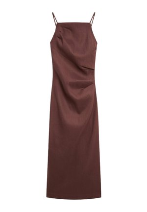 Robe midi marron sans manches avec fines bretelles spaghetti et léger détail froncé à l'avant.