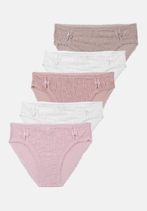 Set of six lace panties featuring floral patterns, in colors: dark pink, light pink, white, and beige. Each has small bows at the sides.