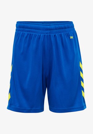 Blå träningsshorts med elastisk midja, med gula diagonala ränder på sidorna. Slät struktur och lättviktsmaterial.