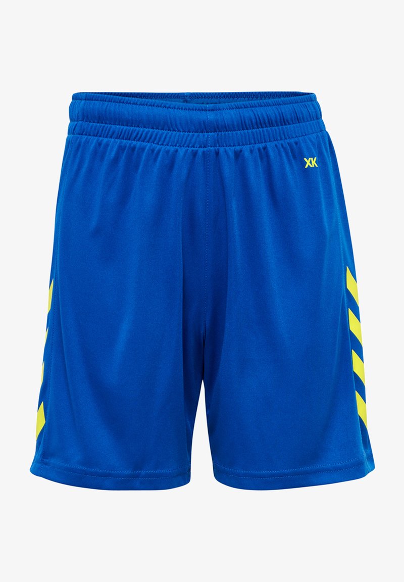 Blaue Sportshorts mit elastischem Bund, die gelbe diagonale Streifen an den Seiten aufweisen. Glatte Textur und leichtes Material.