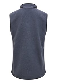 Graue Fleeceweste mit hohem Kragen, ärmellosem Design und strukturierter Oberfläche. Kanten mit kontrastierender Farbe. Keine sichtbaren Verschlüsse.