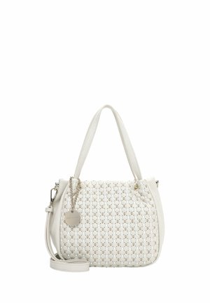 Borsa a tracolla in pelle bianca con doppi manici, pannello anteriore traforato, tracolla staccabile e ciondolo rotondo argentato appeso a una catena.