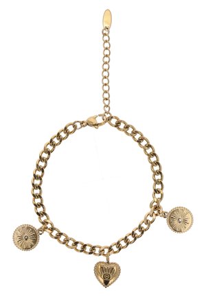 Brățară cu lanț auriu, cu trei talismane: două modele rotunde cu raze de soare și un cristal și o inimă cu un ochi și raze.