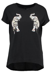 Svart kortärmad T-shirt med två färgglada elefantdesigner på framsidan. Tillverkad av mjukt tyg med avslappnad passform och rundad nederkant.