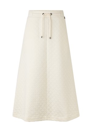 Quilted cream skirt with a high waist, drawstring closure, and straight silhouette. Features diamond pattern and subtle metallic accents.