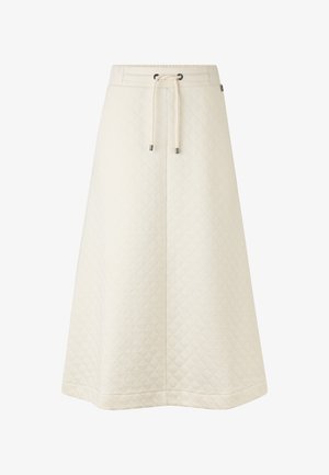 Gequiltede crèmekleurige rok met een hoge taille, koordsluiting en rechte pasvorm. Bevat een ruitpatroon en subtiele metallic accenten.