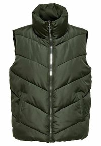 Gilet imbottito verde con colletto alto, motivo a rombi, chiusura frontale con zip e due tasche laterali. Materiale liscio e leggero.