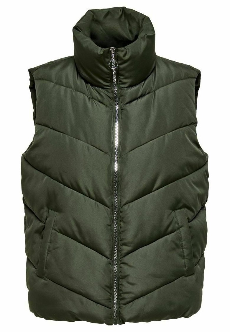 Gilet imbottito verde con colletto alto, motivo a rombi, chiusura frontale con zip e due tasche laterali. Materiale liscio e leggero.