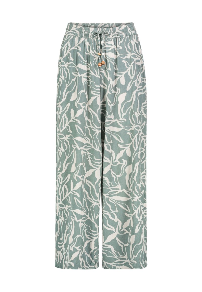Light green wide-leg pants with a white leaf pattern, featuring an elastic waistband and drawstring with decorative beads.
