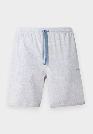 Shorts décontractés gris clair avec taille élastique, cordon bleu et petit logo "BOSS" sur la cuisse droite.