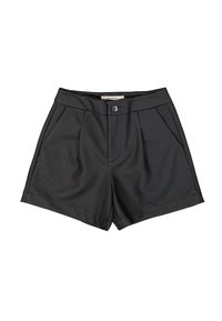 Pantalones cortos negros a medida, hechos de una tela suave, con un pliegue delantero, dobladillo amplio, cierre de botón en la parte delantera y trabillas para cinturón.