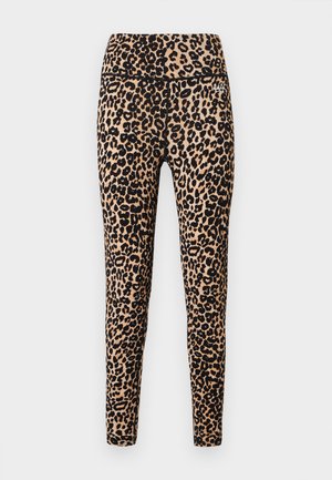 Legging met luipaardprint, voorzien van een hoge tailleband, rekbare stof en een nauwsluitend ontwerp in tinten bruin en zwart.