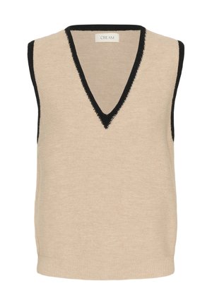 Bežna pletena brezrokavnik z globokim V-izrezom in črnim obrobjem. Ima rebrasto teksturo. Brez rokavov in ravno spodnje rob. Oznaka blagovne znamke je vidna.