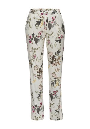 Floral print lounge pants in cream, featuring an elastic waistband and drawstring. Design includes various flowers and green leaves.