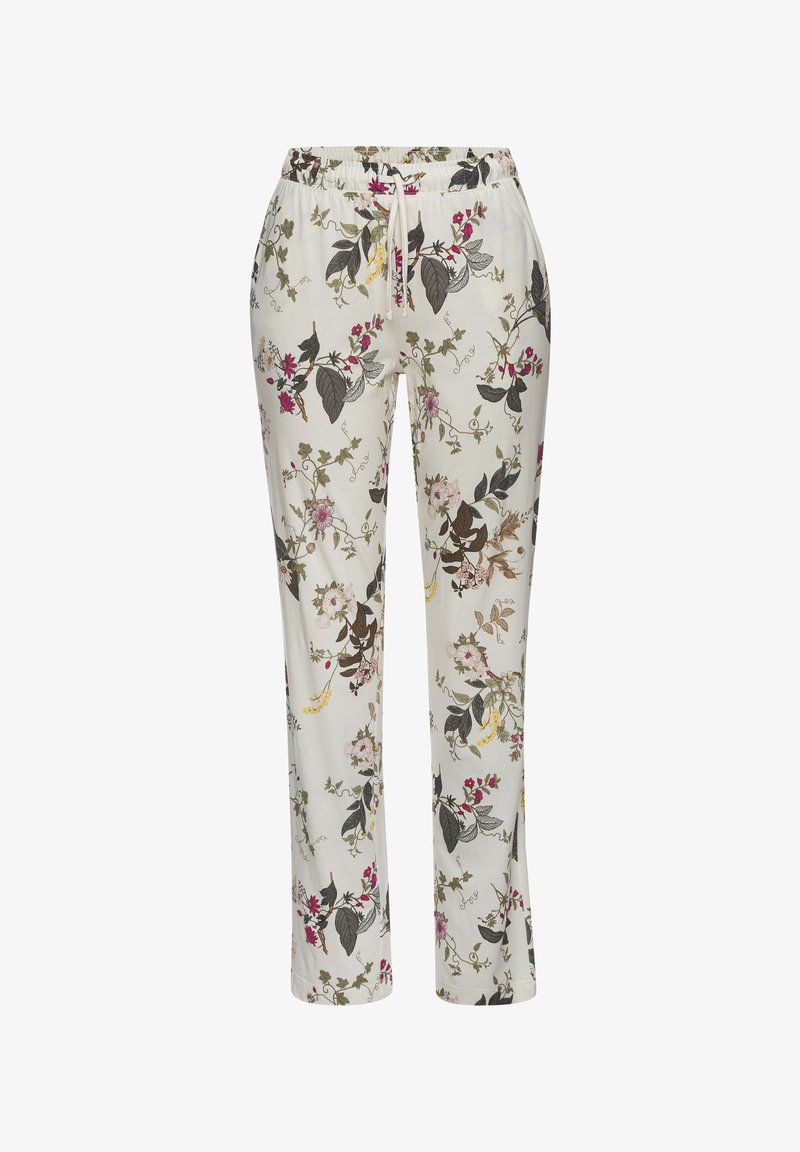 Floral print lounge pants in cream, featuring an elastic waistband and drawstring. Design includes various flowers and green leaves.