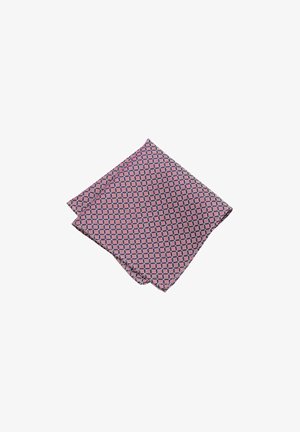 Square silk pocket square featuring a navy blue background with a geometric red and white pattern. The edges are neatly sewn.