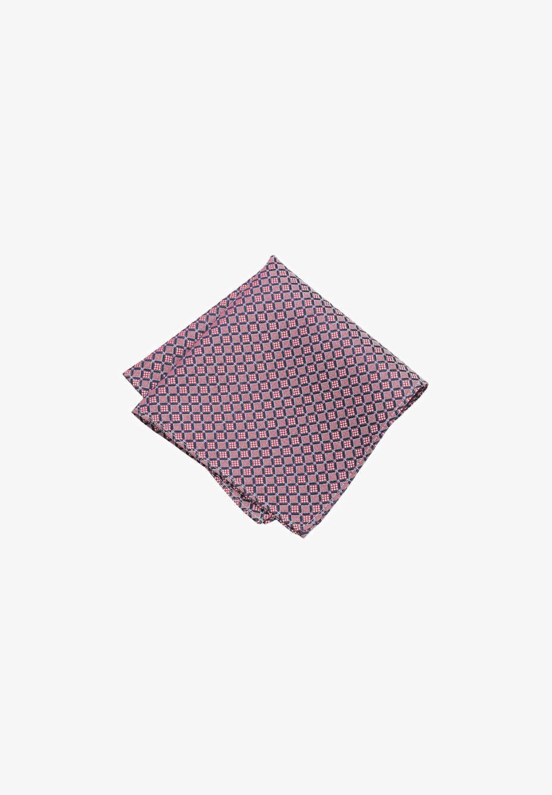 Square silk pocket square featuring a navy blue background with a geometric red and white pattern. The edges are neatly sewn.