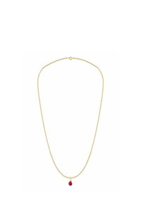 Zlatý náhrdelník s príveskom v tvare kvapky s červeným drahokamom, jemne tkaným reťazcom a zapínaním na karabínku.