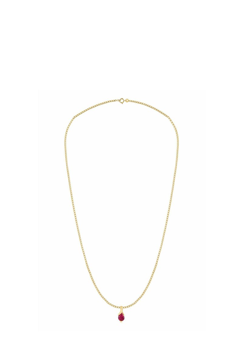 Zlatý náhrdelník s príveskom v tvare kvapky s červeným drahokamom, jemne tkaným reťazcom a zapínaním na karabínku.