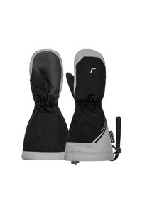 Schwarze und graue Fäustlinge mit wasserabweisendem Außenmaterial, elastischen Bündchen, strukturierten Handflächen und einem Kordelzugverschluss für einen sicheren Sitz.