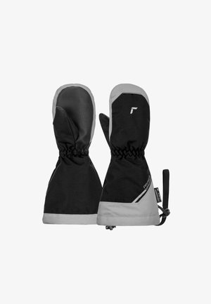 Black and gray mittens with a waterproof exterior, elastic cuffs, textured palms, and a drawstring closure for a secure fit.