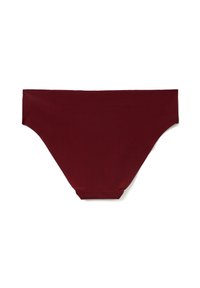 Bordeauxroter Bikini-Unterteil aus glattem Stoff, mit vollständiger Abdeckung und weichem Bund. Keine sichtbaren Muster oder Verzierungen.