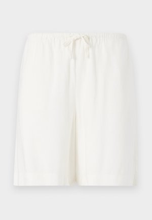 Bijele platnene kratke hlače s elastičnim pojasom i vezicom, sa ležernim krojem i dva bočna džepa. Glatka tekstura, jednostavan dizajn.