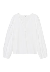 Witte blouse met lange mouwen, V-hals en knoopsluiting. Beschikt over geborduurde details op de mouwen en een losse, relaxte pasvorm.