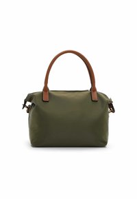Olivgrüne Nylon-Handtasche mit braunen Lederakzenten, abgerundeten Griffen, Reißverschlussverschluss und einem weichen, strukturierten Körper. Kompakte und strukturiertes Design.