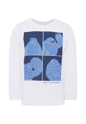 Witte lange mouwen t-shirt met een blauwe grafische print van cartoonwezens in vier panelen. Zacht katoenmateriaal. Merkennaam: Stella McCartney.