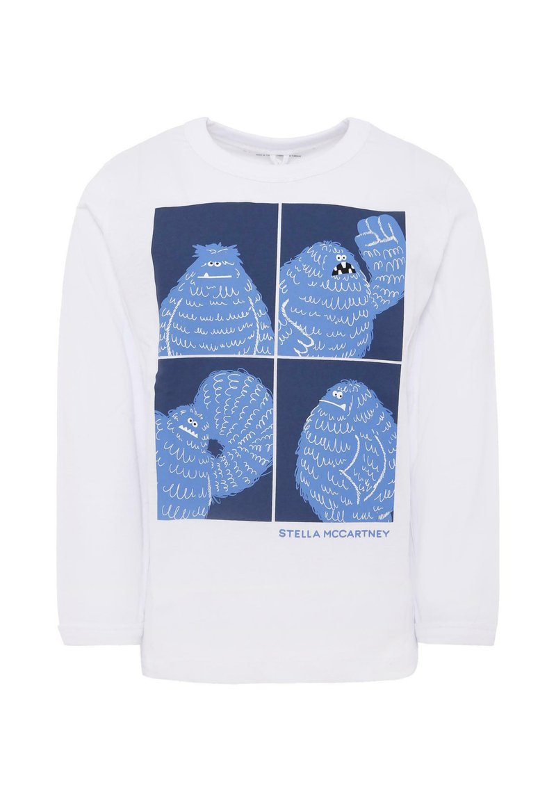 T-shirt bianca a maniche lunghe con una stampa grafica blu di creature di cartone animato suddivisa in quattro pannelli. Realizzato in morbido cotone. Marca: Stella McCartney.