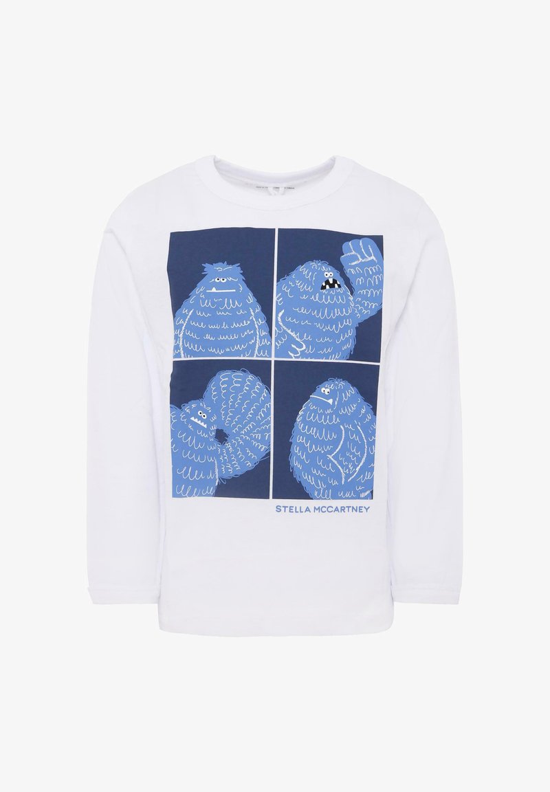 T-shirt blanc à manches longues avec un imprimé graphique bleu de créatures de dessin animé en quatre panneaux. Matière en coton doux. Marque : Stella McCartney.