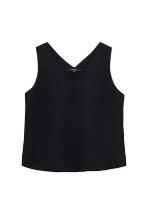 Black sleeveless top with a V-neck, made from a smooth fabric. Features a loose fit and straight hem, minimalist design without patterns.
