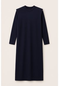 Robe bleu marine à manches longues avec un col rond et des épaulettes, confectionnée dans un tissu lisse et extensible, longueur mi-mollet.