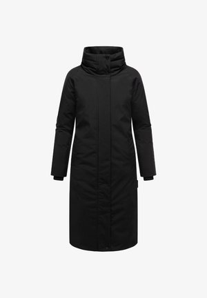 Long black winter coat with high collar, long sleeves, and concealed front buttons, designed for cold weather.