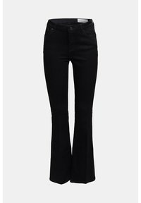 Jean noir taille haute avec jambes évasées, fermeture par bouton et zip, poches avant et arrière, présenté sur un fond uni.