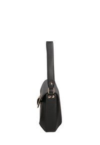 Borsa a tracolla in pelle nera con design slanciato, dettagli in metallo dorato, tracolla staccabile e forma strutturata.