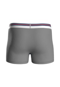 Boxer grigi con una texture liscia, caratterizzati da una cintura bianca con strisce blu e rosse nella parte superiore.