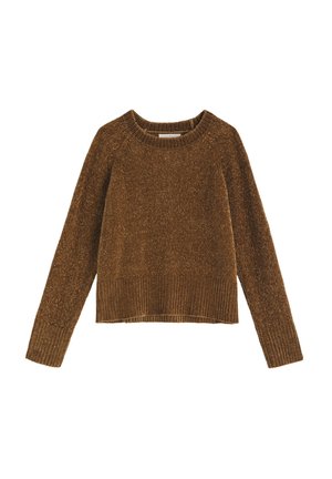 Maglione marrone lavorato a maglia con collo tondo, polsini e orlo a coste, texture morbida e una vestibilità relaxed. Presenta un design leggermente corto.